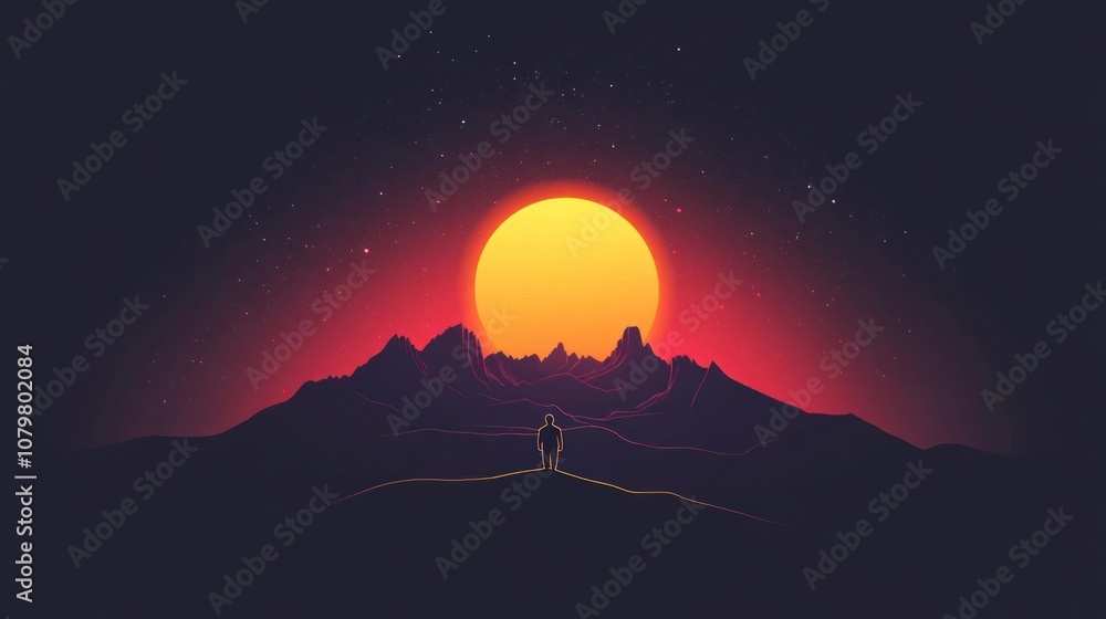 Obraz premium Silhouette of a Man Against a Vibrant Sunset Over Mountains