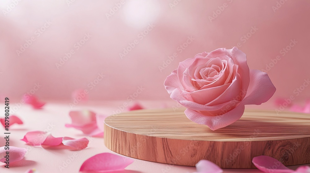 Wooden podium with pink rose and petals to demonstrate products, cosmetics and gifts. Valentine, mother day and women day concept with generative ai Wooden podium with pink rose and petals to demonstrate products, cosmetics and gifts. Valentine, mother day and women day concept with generative ai