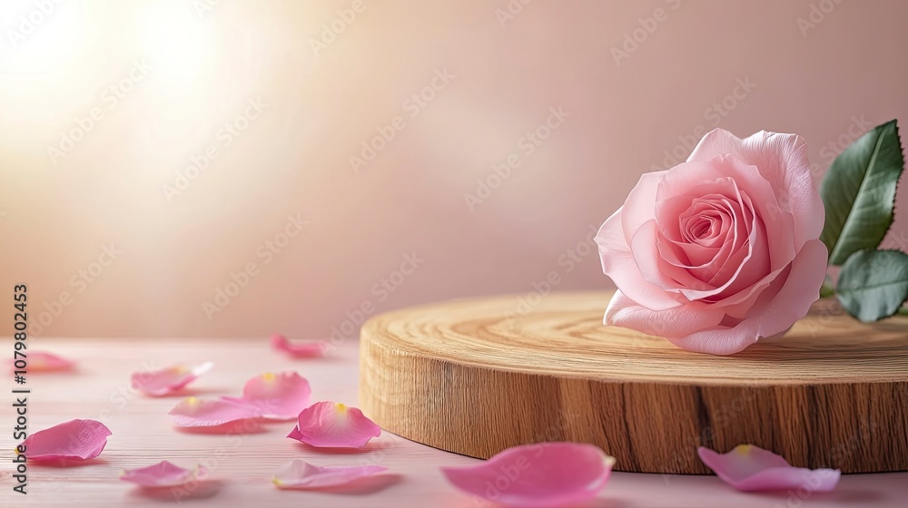 Wooden podium with pink rose and petals to demonstrate products, cosmetics and gifts. Valentine, mother day and women day concept with generative ai Wooden podium with pink rose and petals to demonstrate products, cosmetics and gifts. Valentine, mother day and women day concept with generative ai