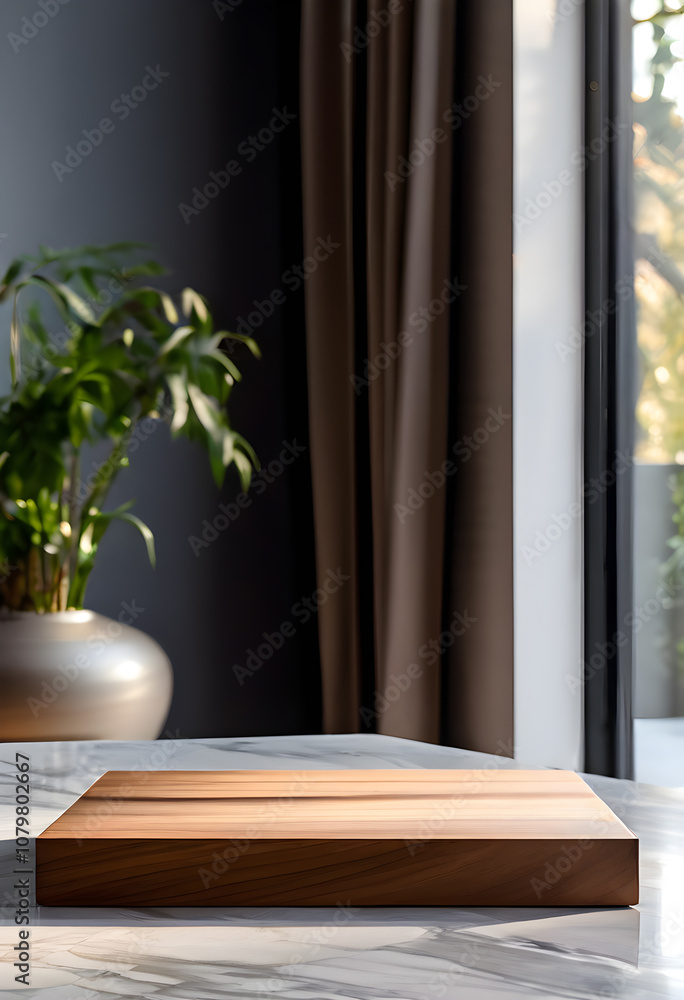 Rectangular wooden stand on a marble table Rectangular wooden stand on a marble table