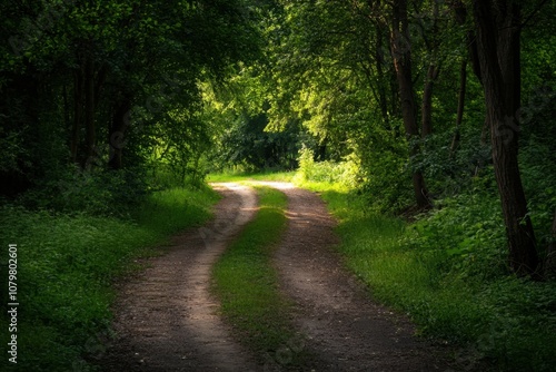 A dirt path winds through a lush green forest, with sunlight filtering through the trees.