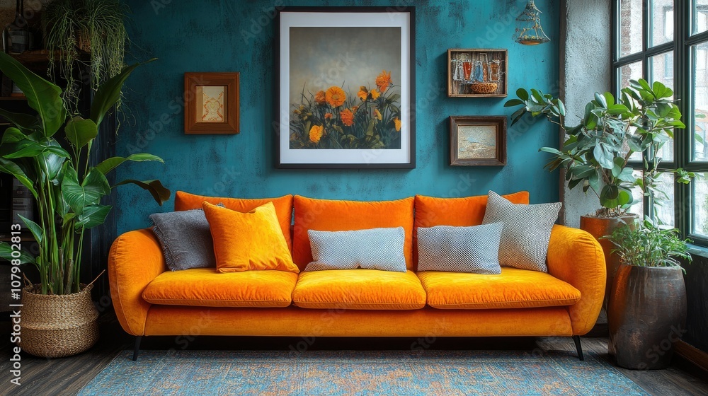 Modern living room interior with orange sofa, teal wall, and plants. Modern living room interior with orange sofa, teal wall, and plants.