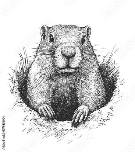 Detailed black and white illustration of a groundhog, sketched in pencil or ink, isolated on a white background. Rrealistic hand drawn artwork. Groundhog Day