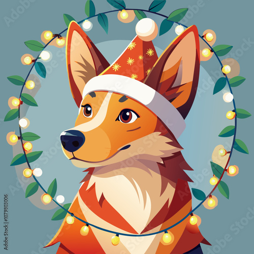 Corgi Christmas Cheer: A cute corgi dog wearing a festive Santa hat and surrounded by twinkling Christmas lights, captures the spirit of holiday joy and good cheer.