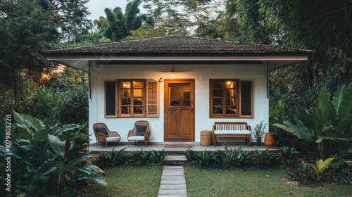 A small white bungalow with wooden door