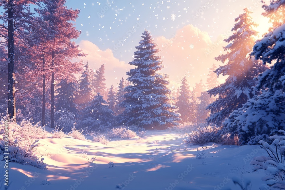 Enchanting winter landscape with snow-covered trees, falling snowflakes, clear blue sky, and soft sunlight filtering through tall pine branches, creating a serene, fairy-tale atmosphere. Enchanting winter landscape with snow-covered trees, falling snowflakes, clear blue sky, and soft sunlight filtering through tall pine branches, creating a serene, fairy-tale atmosphere.