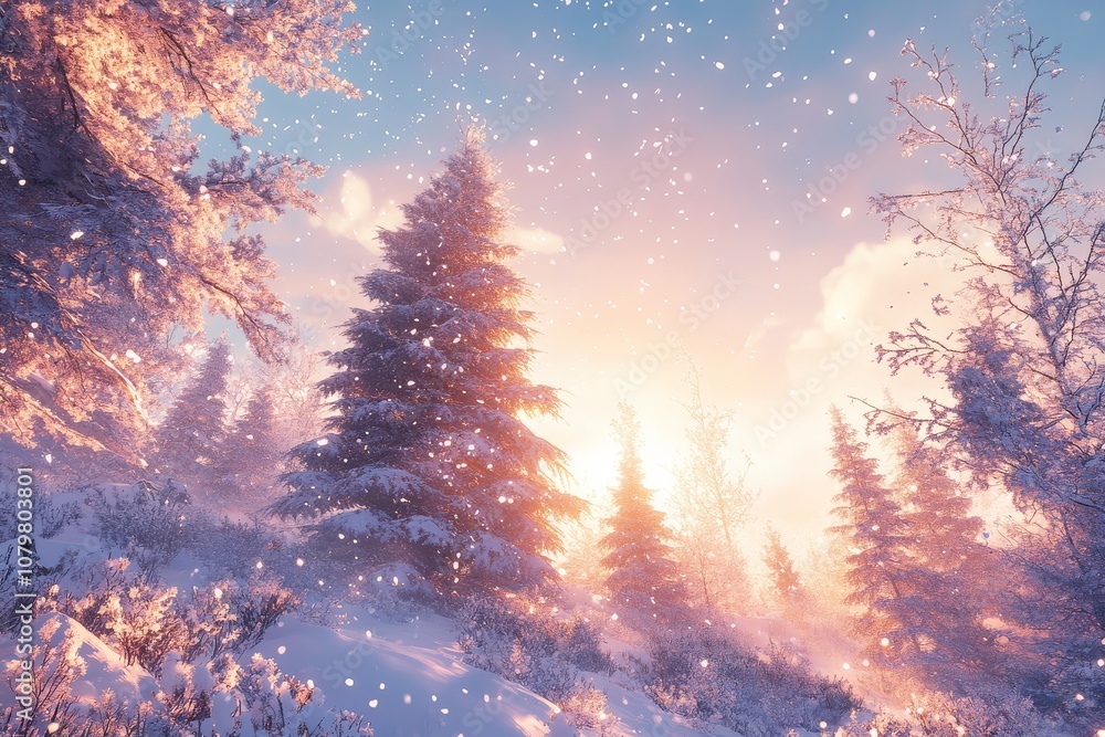Enchanting winter landscape with snow-covered trees, falling snowflakes, clear blue sky, and soft sunlight filtering through tall pine branches, creating a serene, fairy-tale atmosphere. Enchanting winter landscape with snow-covered trees, falling snowflakes, clear blue sky, and soft sunlight filtering through tall pine branches, creating a serene, fairy-tale atmosphere.