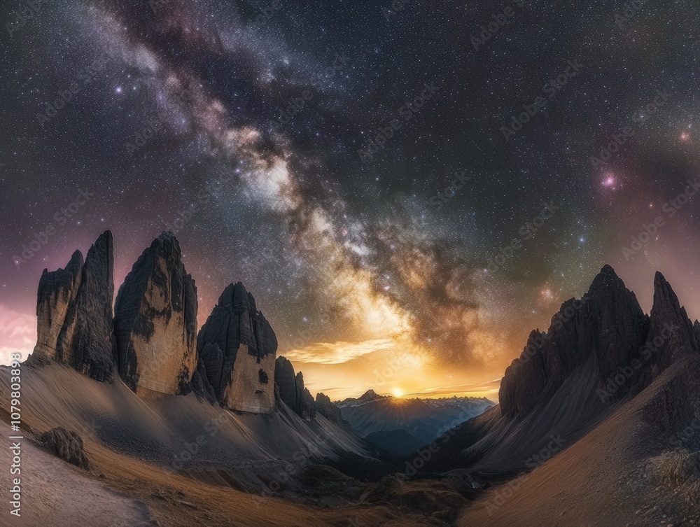 Obraz premium Breathtaking night sky over rugged mountain peaks