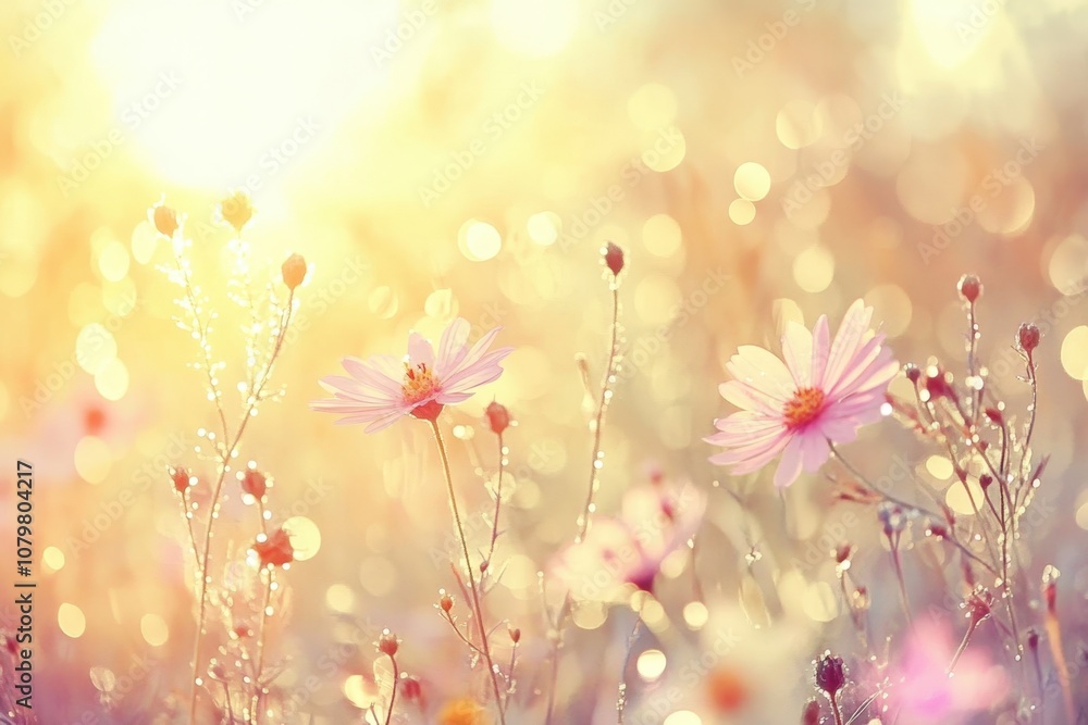 Delicate pink flowers blooming in a field with soft light Delicate pink flowers blooming in a field with soft light