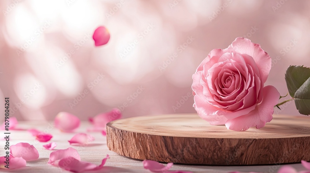 Wooden podium with pink rose and petals to demonstrate products, cosmetics and gifts. Valentine, mother day and women day concept with generative ai Wooden podium with pink rose and petals to demonstrate products, cosmetics and gifts. Valentine, mother day and women day concept with generative ai
