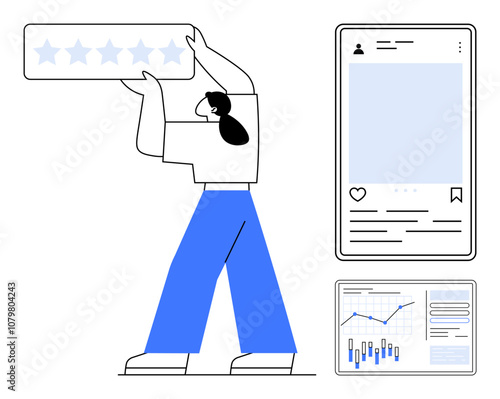 Person holding five-star rating with profile page and analytics dashboard, signaling positive feedback and growth. Ideal for user experience, customer reviews, social media marketing, audience