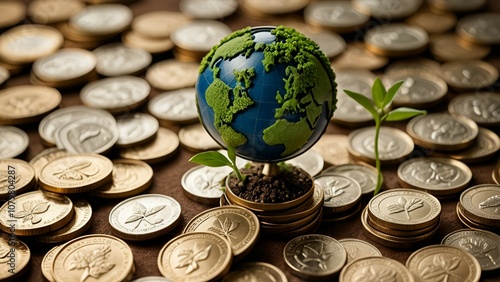 A small globe model and a plant sprout on a background of scattered coins.