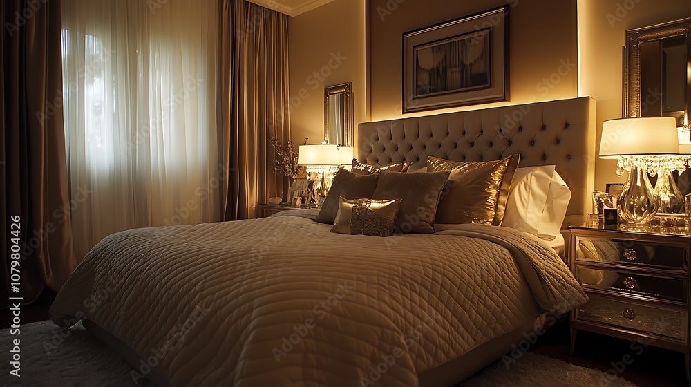 An upscale bedroom with quilted bedding, mirrored nightstands, metallic accents, and subtle, soft lighting, creating a sophisticated, opulent retreat --ar 16:9 An upscale bedroom with quilted bedding, mirrored nightstands, metallic accents, and subtle, soft lighting, creating a sophisticated, opulent retreat --ar 16:9