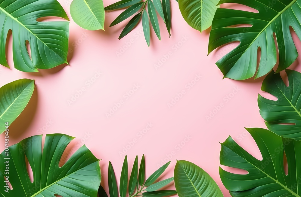 Naklejka premium a flat lay of tropical vibrant leaves on a pastel background. Frame of tropical green leaves on pink background. Space for text in the center