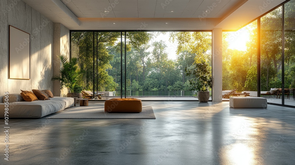 Fototapeta premium Modern living room with large windows overlooking a garden and pool.
