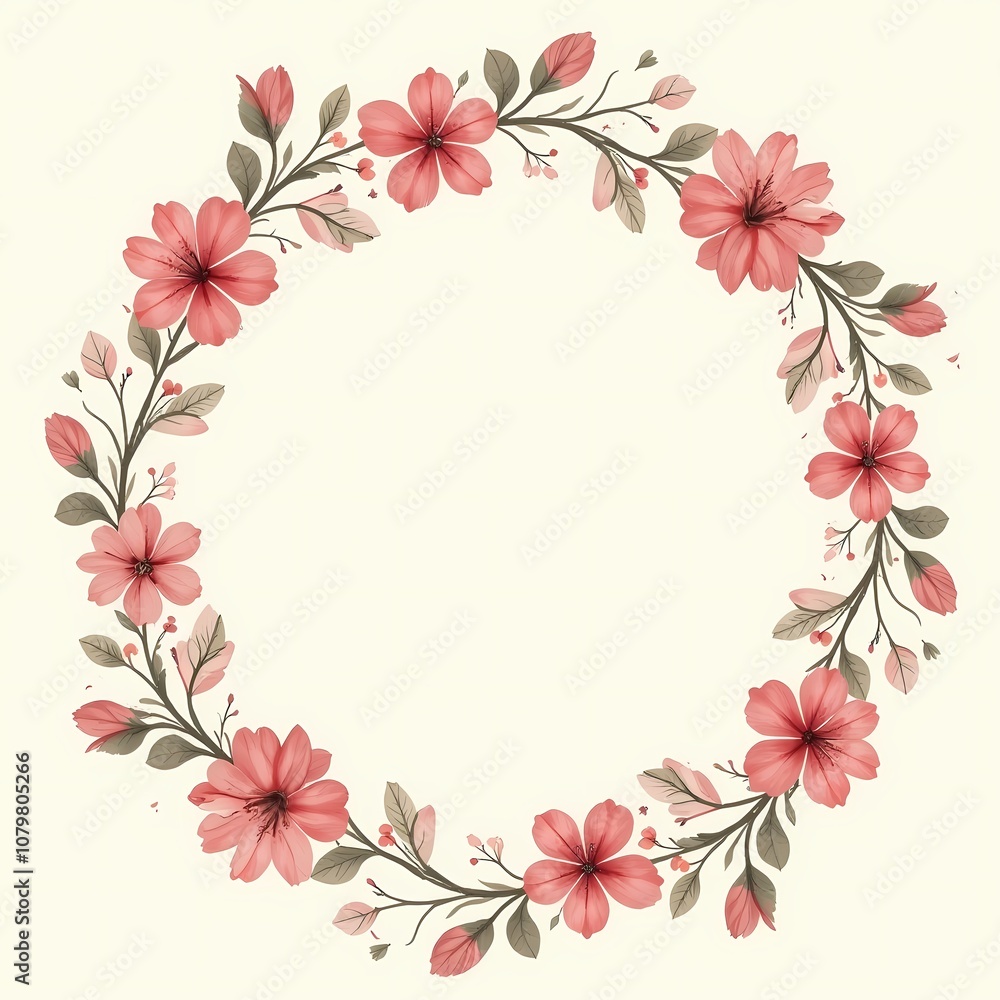 Illustration of a round frame made of pink hibiscus flowers, space for text inside Illustration of a round frame made of pink hibiscus flowers, space for text inside