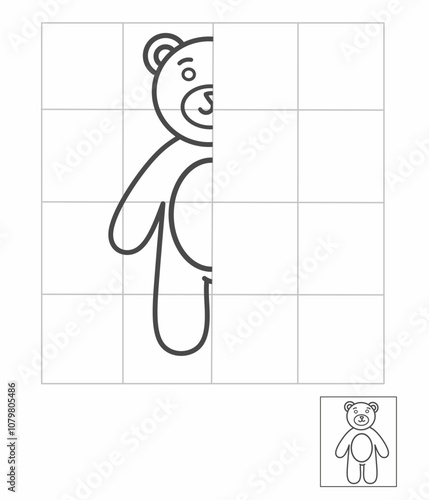 Symmetry drawing for kids, draw the other half side teddy bear activity for kindergarten, complete picture worksheet, Symmetry worksheet