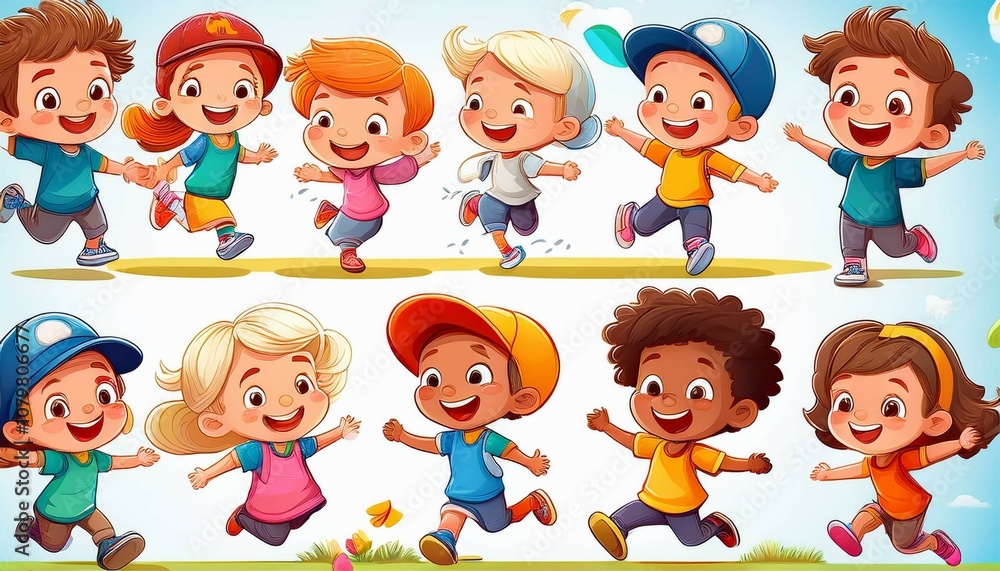 set of children cartoon enjoying set of children cartoon enjoying