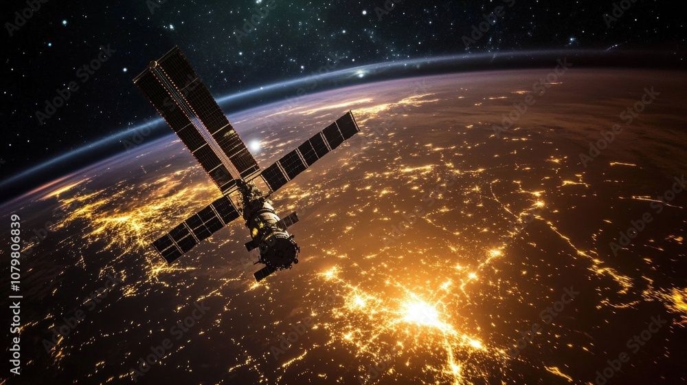 Fototapeta premium Breathtaking view of the earth from space with a satellite in the foreground