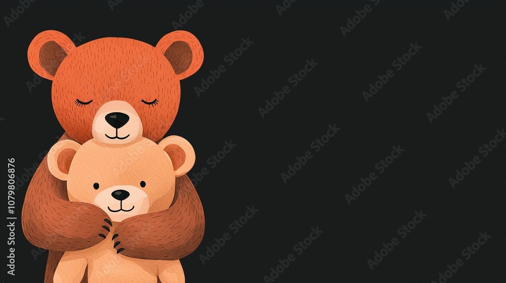 Fototapeta premium Cute animal fluffy cuddly and mischievous concept. A warm illustration of a big bear hugging a smaller bear, symbolizing love and affection on a dark background.