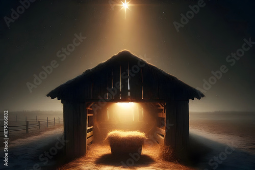 Nativity Scene - Birth Of Jesus Christ With Manger In Snowy Night And Starry Sky