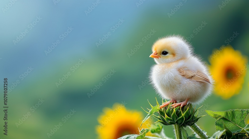 Cute animal fluffy cuddly and mischievous concept. A fluffy chick perches on a green plant, surrounded by vibrant sunflowers, against a soft, blurred background. Cute animal fluffy cuddly and mischievous concept. A fluffy chick perches on a green plant, surrounded by vibrant sunflowers, against a soft, blurred background.