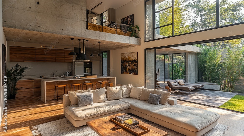 Modern living room with large windows, wooden floors, and a sectional sofa. Modern living room with large windows, wooden floors, and a sectional sofa.