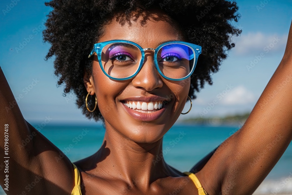 Radiant Happy Woman in Eyewear Portrait at the Beach Radiant Happy Woman in Eyewear Portrait at the Beach