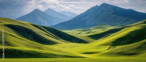 Breathtaking mountain landscape with lush green hills and dramatic peaks