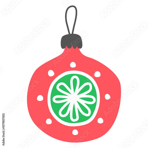 Red christmas ball with green and white decor isolated on white. New Year's toy. Christmas tree decor. Cute cartoon illustration.	