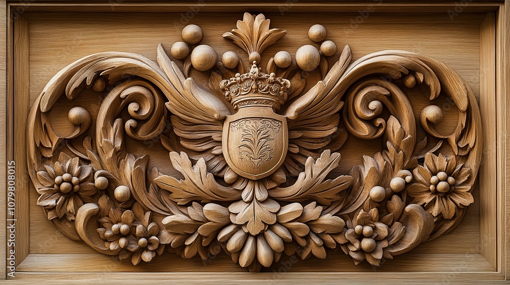 Intricate Wooden Carving with Crown, Shield, and Floral Motifs Intricate Wooden Carving with Crown, Shield, and Floral Motifs