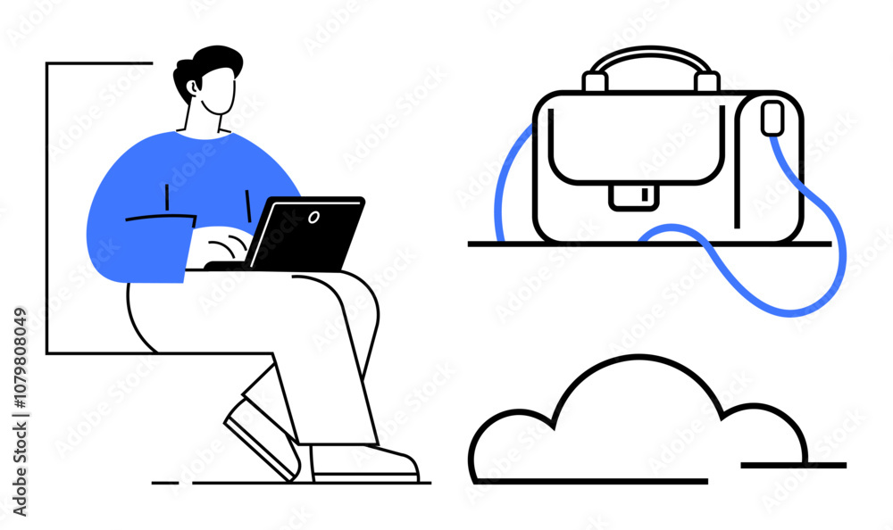 Person working on a laptop, briefcase, and cloud outline elements. Ideal for remote work, digital nomadism, cloud storage, flexible jobs, online collaboration, modern working, productivity. Line Person working on a laptop, briefcase, and cloud outline elements. Ideal for remote work, digital nomadism, cloud storage, flexible jobs, online collaboration, modern working, productivity. Line