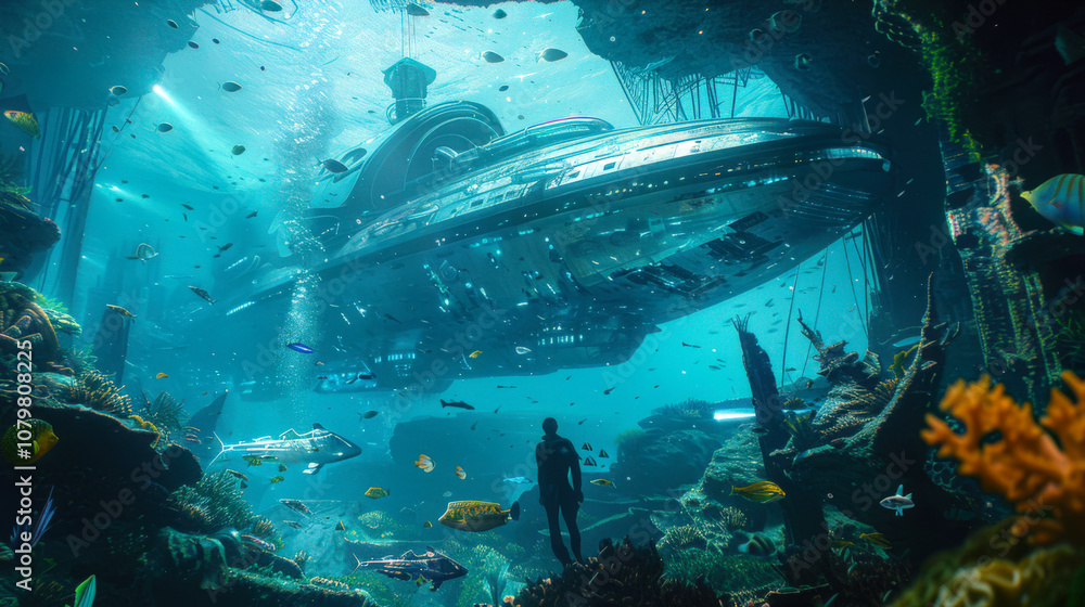 Fototapeta premium A sunken huge spaceship in the blue depths of the ocean. The sea world. The concept of a fantastic space underwater world with unusual living creatures. Science fiction