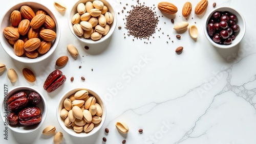 A white background with a variety of nuts and fruits