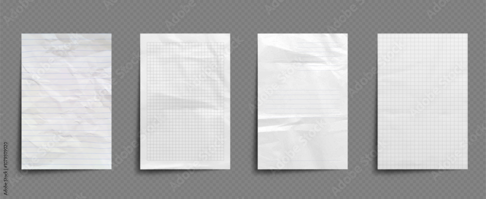 White notebook sheet. Old school paper with crumpled effect mockup. Line and checkered notepad page design for poster or realistic flyer. Abstract rough journal piece with grid pattern illustration