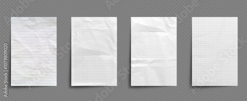 White notebook sheet. Old school paper with crumpled effect mockup. Line and checkered notepad page design for poster or realistic flyer. Abstract rough journal piece with grid pattern illustration