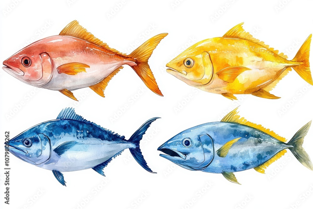 A watercolor illustration of four different fish species in vibrant colors. A watercolor illustration of four different fish species in vibrant colors.