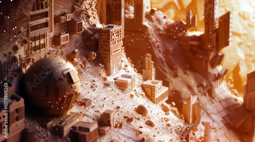 An abandoned futuristic space city. The universal war. An urban landscape with a large metal sphere and the remains of buildings. The city is built of rubble and rubble photo