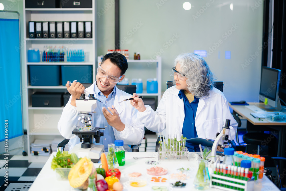 Team of scientists examining food samples in a lab with microscopes. Perfect for themes of food science, biotechnology, Team of scientists examining food samples in a lab with microscopes. Perfect for themes of food science, biotechnology,