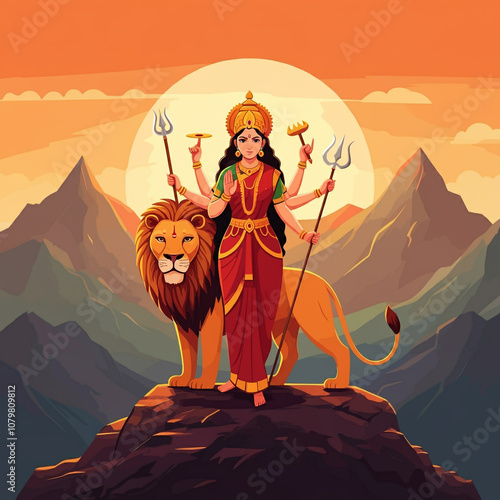 Goddess Durga stands atop a...
