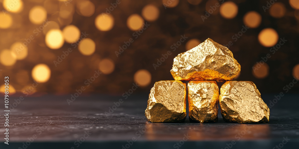 Golden nuggets stacked on dark surface with bokeh background Golden nuggets stacked on dark surface with bokeh background