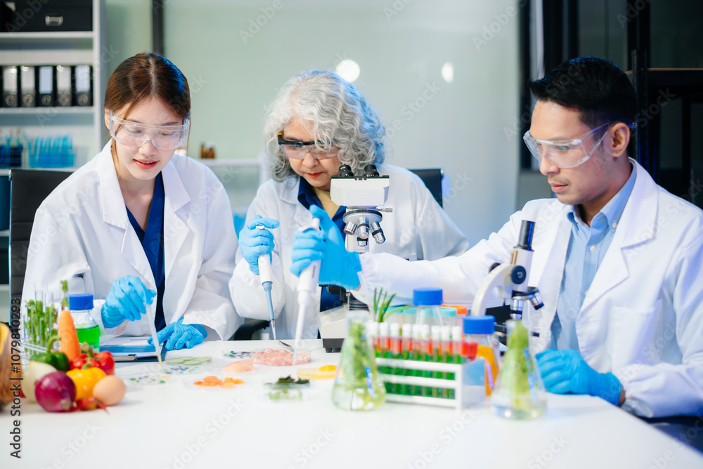 Team of scientists examining food samples in a lab with microscopes. Perfect for themes of food science, biotechnology, Team of scientists examining food samples in a lab with microscopes. Perfect for themes of food science, biotechnology,