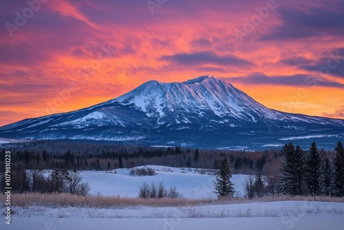 Breathtaking winter landscape with snow-capped mountain peak at sunset