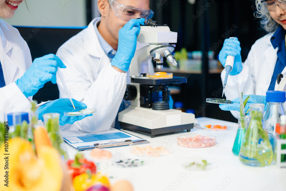 Team of scientists examining food samples in a lab with microscopes. Perfect for themes of food science, biotechnology, Team of scientists examining food samples in a lab with microscopes. Perfect for themes of food science, biotechnology,
