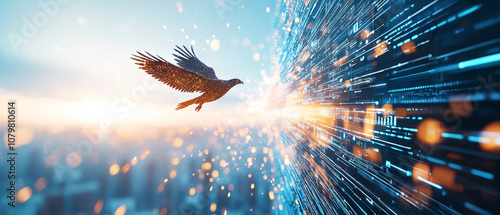 eagle soars through futuristic cityscape, blending nature with technology as digital lights illuminate skyline, creating dynamic and vibrant scene photo