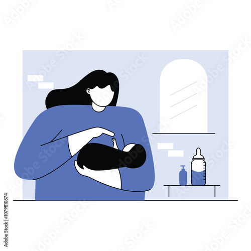 Heartwarming flat vector illustration of a mother holding a newborn baby. Ideal for parenting, family care, and maternity-themed projects.
