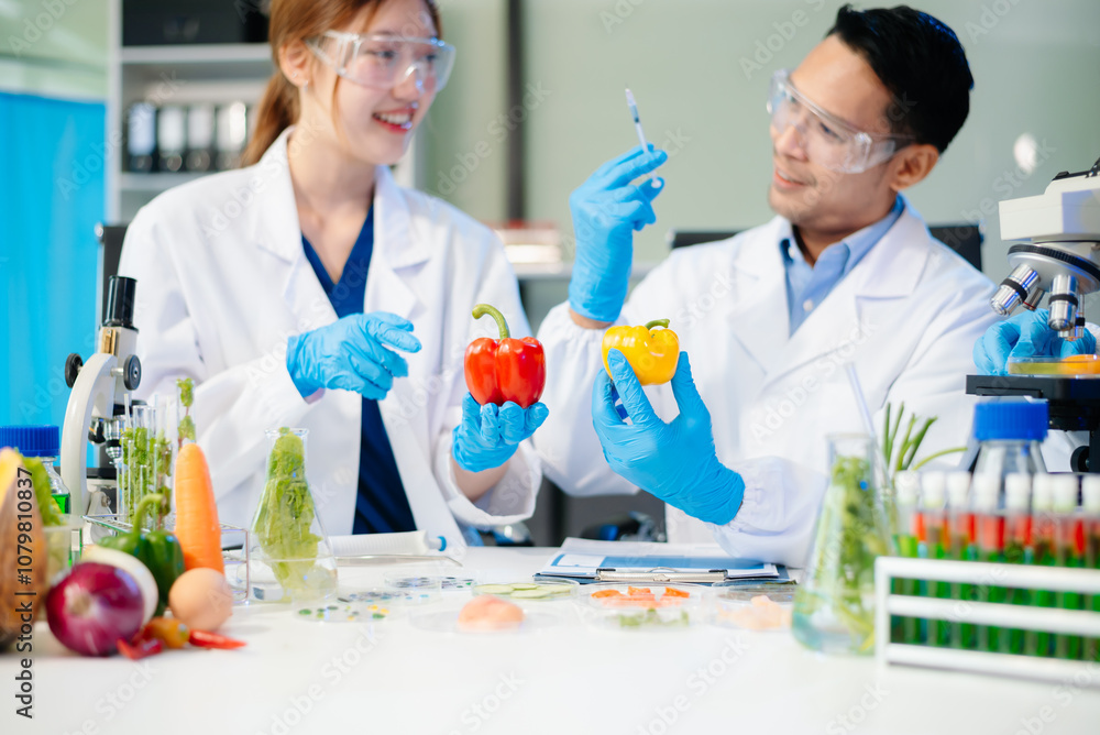 Team of scientists examining food samples in a lab with microscopes. Perfect for themes of food science, biotechnology, Team of scientists examining food samples in a lab with microscopes. Perfect for themes of food science, biotechnology,