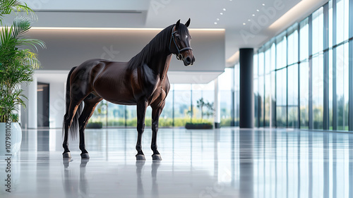 majestic horse stands gracefully in modern office setting, surrounded by sleek architecture and large windows, creating surreal and captivating scene photo