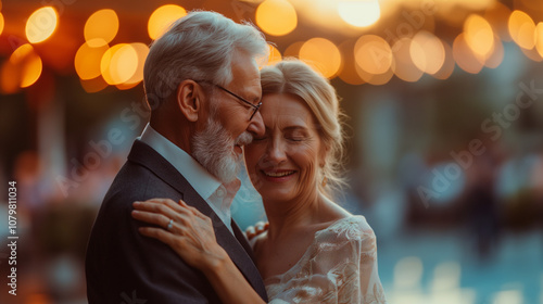 Elderly Couple Embracing at Evening Party with Warm Lights