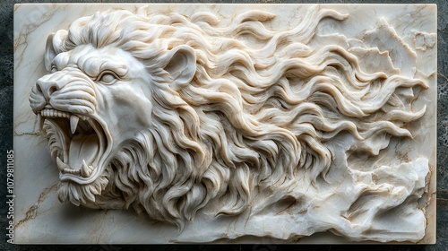 A Detailed Carving of a Roaring Lion's Head in White Marble